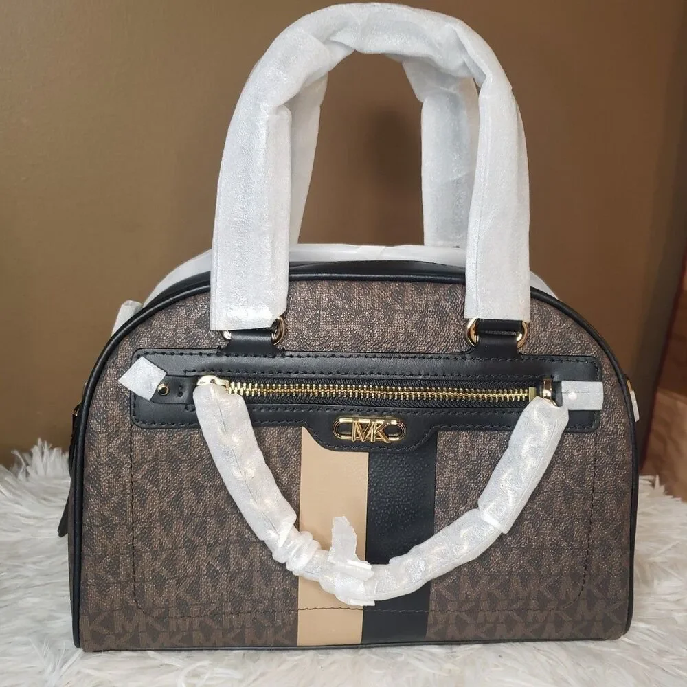 MICHAEL KORS Williamsburg Small MK Logo Satchel HandBag Brown Camel Gold NWT ⭐ - Picture 5 of 7